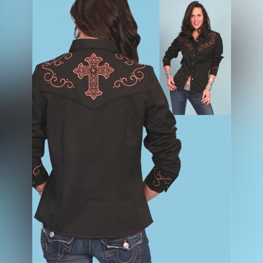 SCULLY Studded Cross Black Western Button Down Embroidered Shirt L Cowgirl Rodeo